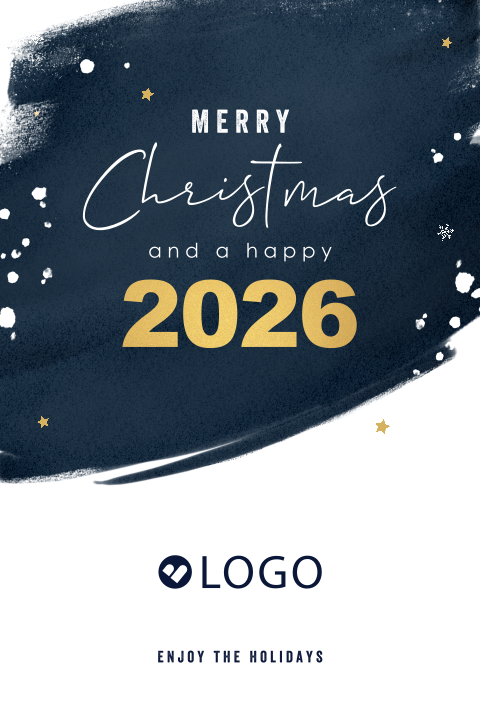 Trendy zakelijke kerstkaart met eigen logo en donkerblauw aquarel