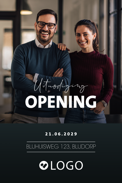 Moderne zakelijke uitnodiging voor een opening met eigen logo en foto