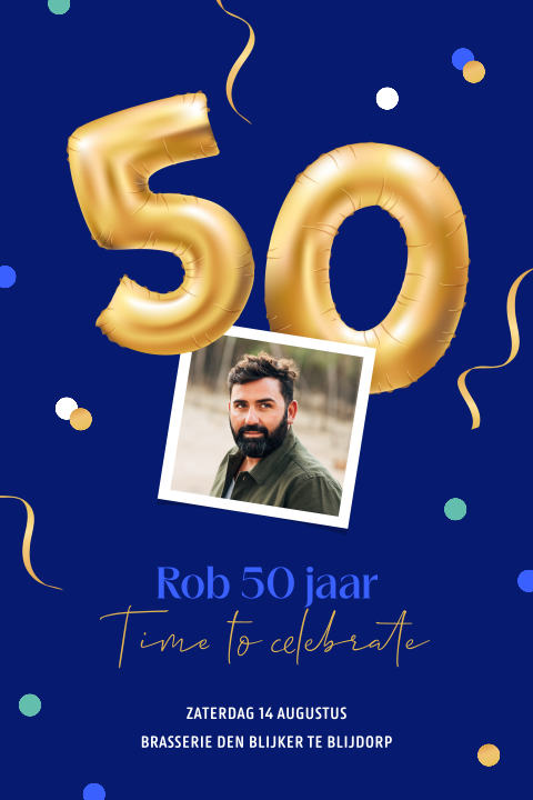 Abraham uitnodiging met cijfer 50 ballon en confetti