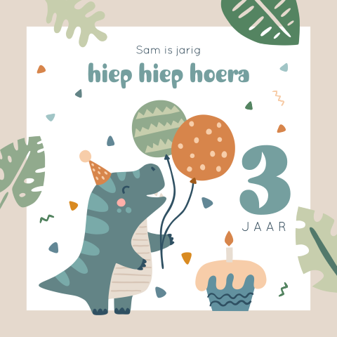 Verjaardagkaart dino met ballonnen en leeftijd
