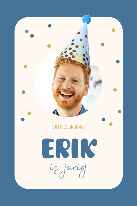 Grappige uitnodiging verjaardag met confetti, eigen foto en feestmuts