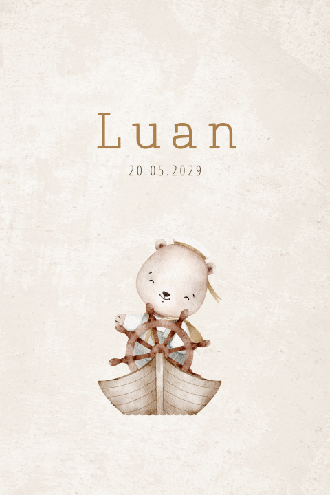 Lief geboortekaartje voor een jongen met beer op boot