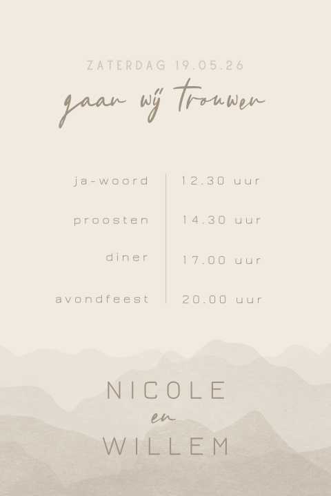 Rustige trouwkaart met afgeronde hoeken en tijdlijn