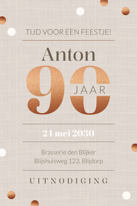 Linnenlook uitnodiging verjaardag 90 jaar met confetti