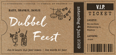 Kartonlook dubbel feest uitnodiging in ticketstijl