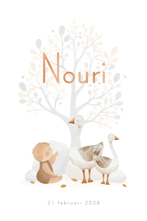 Illustratief unisex geboortekaartje baby met ganzen