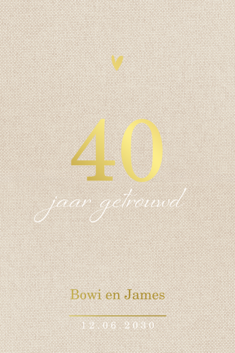 Stijlvolle 40 jaar getrouwd uitnodiging met linnenlook en goudfolie