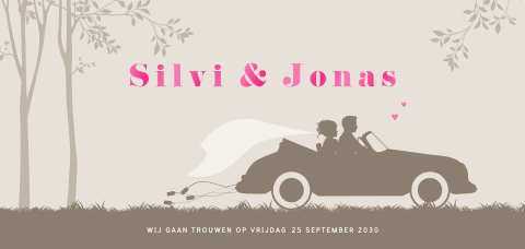 Trouwkaart met silhouet bruidspaar in trouwauto en hoogglans
