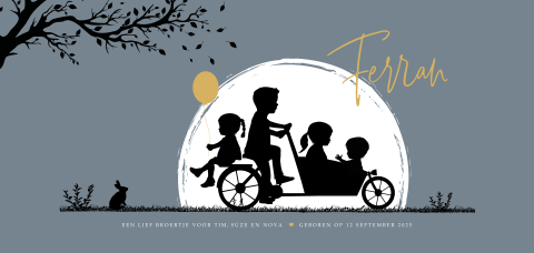 Vier kindjes op de bakfiets silhouet kaartje