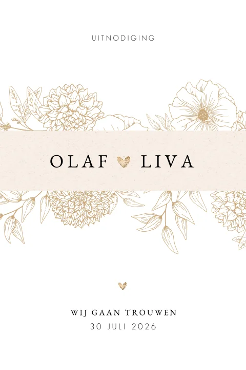 Rustige trouwkaart met getekende bloemen