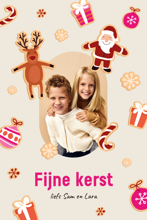 Kerstkaart met kerstman, rendier, kerstkoekjes en eigen foto