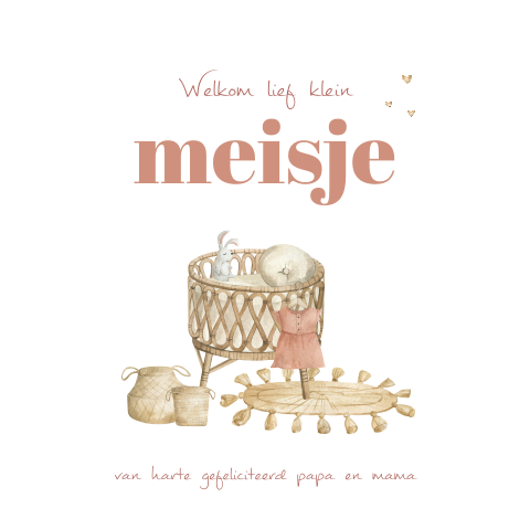 "Hoera een meisje" felicitatiekaart geboorte dochter met rotan wieg