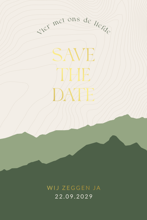 Save the date trouwkaart foliedruk met bergen en hoogtelijnen
