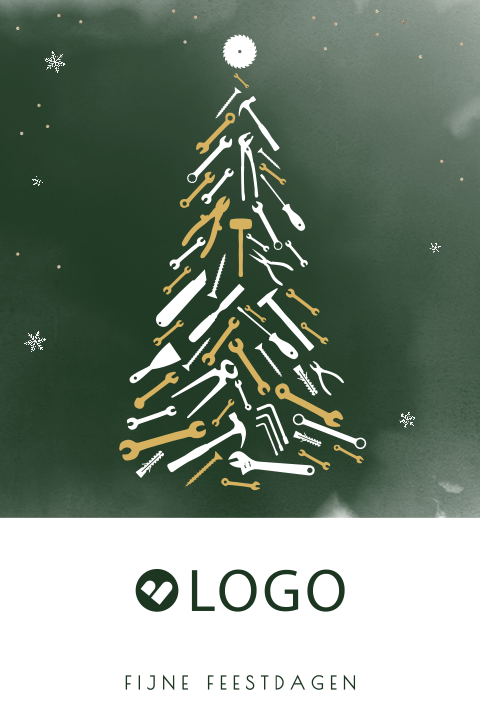 Zakelijke kerstkaart met een kerstboom van gereedschap en logo