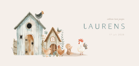 Hoogglans jongens geboortekaartje boerderij met kippen en baby