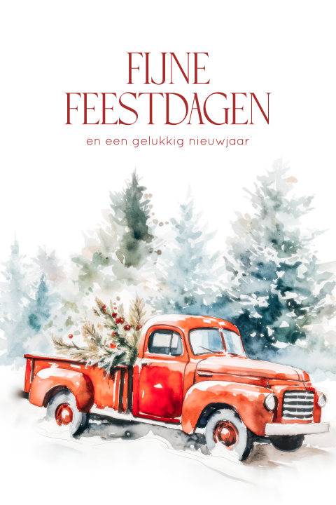 Aquarel kerstkaart met auto en winterlandschap