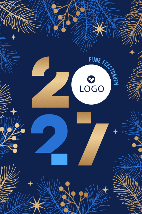 Kerstkaart zakelijk goudlook met jaartal, dennentakken en logo