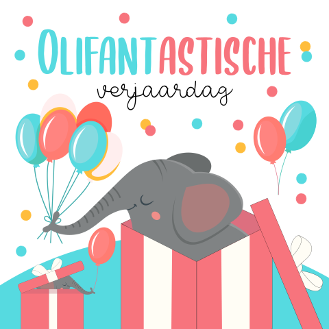 Olifantastische verjaardagskaart met ballonnen en cadeaus