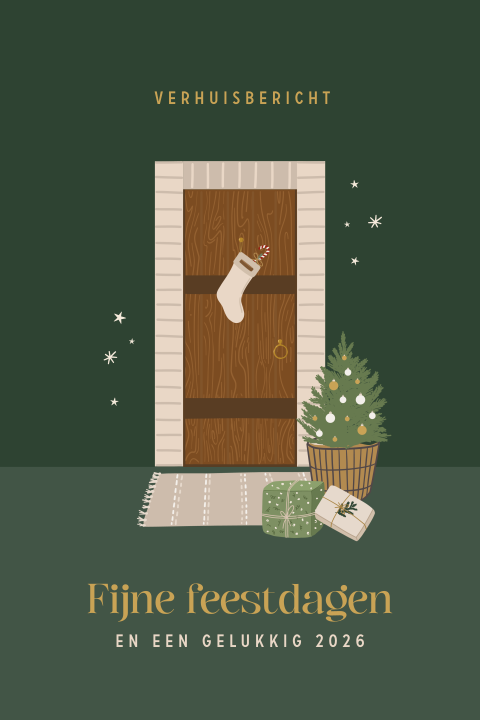 Verhuisbericht kerstkaart met voordeur huis en kerstboom