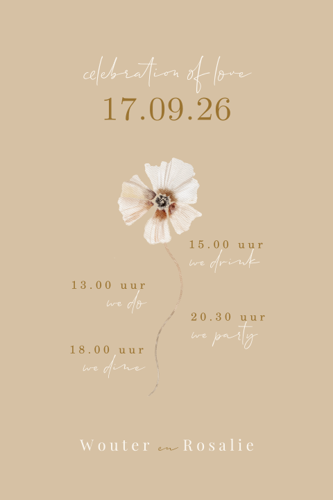 Trouwkaart met afgeronde hoeken, bloem en tijdlijn