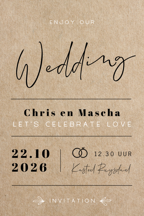 Typografische trouwkaart met handlettering op karton achtergrond