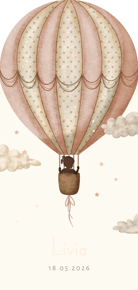 Uniek geboortekaartje silhouet meisje in luchtballon met foliedruk