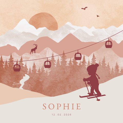 Winter geboortekaartje silhouet meisje aan het skiën