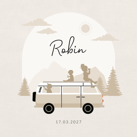 Avontuurlijk unisex geboortekaartje derde kindje in camper busje