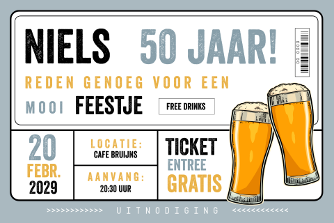 Ticket uitnodiging voor een verjaardag 50 jaar met bierglazen