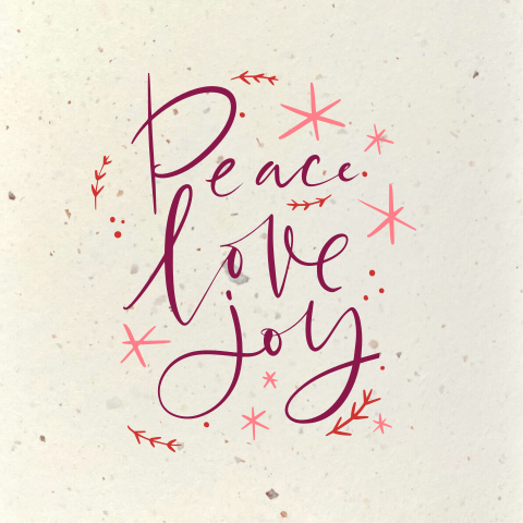 Duurzame kerstkaart met vredesboodschap Peace, love, joy