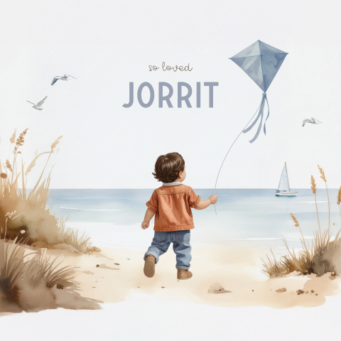 Getekend geboortekaartje voor een jongen op het strand met vlieger