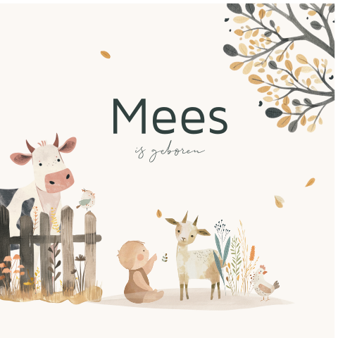 Geboorte raambord voor een jongen met herfstbladeren en koe met geit