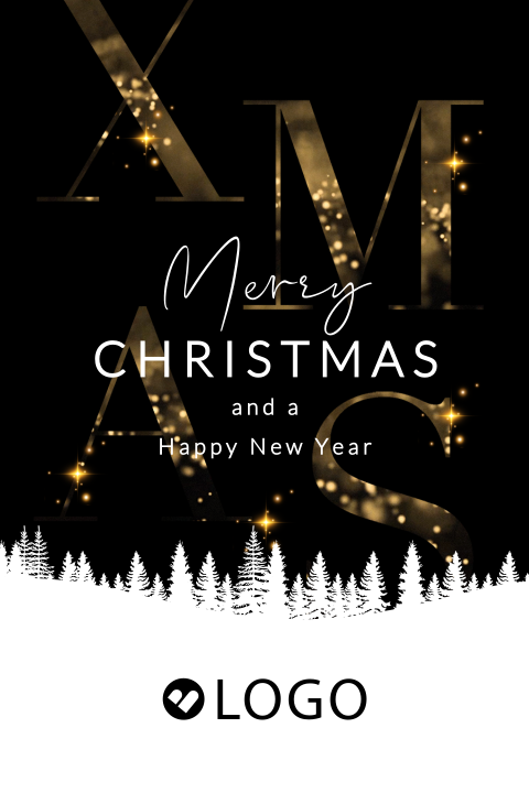 Feestelijke X-Mas kerstkaart zakelijk met sparkles, kerstbomen en logo