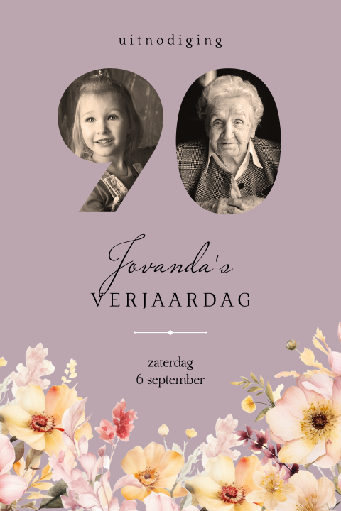 Foto uitnodiging 90 jaar met bloemen