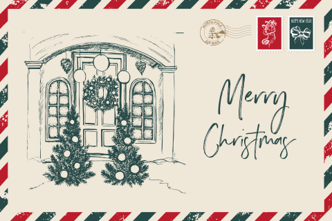 Kerst vintage ansichtkaart getekend met kerstbomen