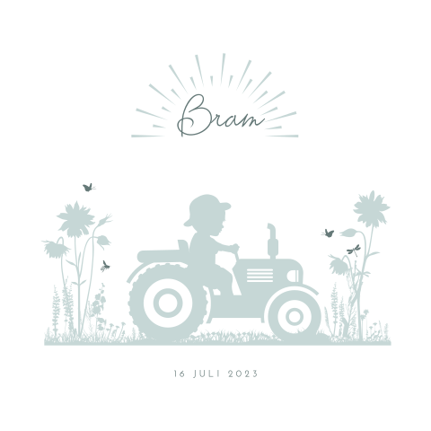 Jongen op tractor tussen de zonnebloemen silhouet kaartje