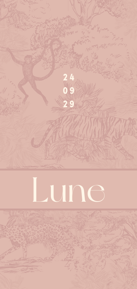 Toile de jouy geboortekaartje pink jungle voor een meisje