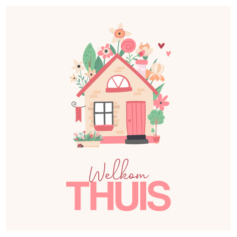 Welkom thuis beterschap wenskaart met huisje en bloemen
