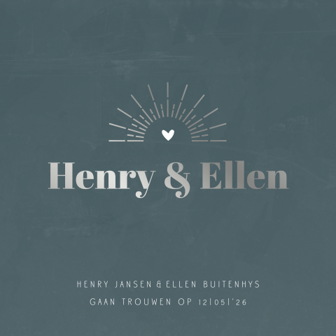 Zilverfolie trouwkaart met zonnestralen en betonlook achtergrond