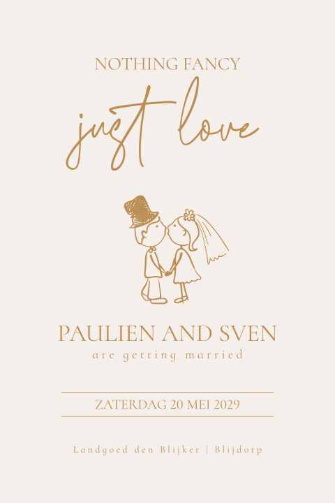 Just love trouwkaart met bruidspaar illustratie