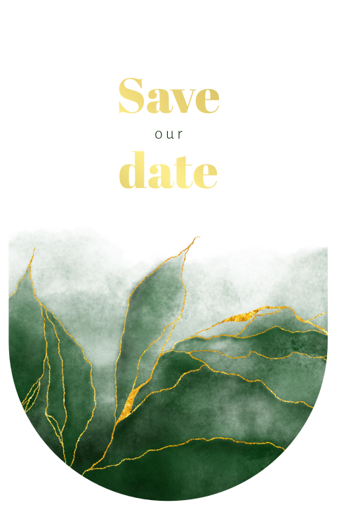 Botanische Save the Date kaart in ovale vorm met goudfolie en aquarel