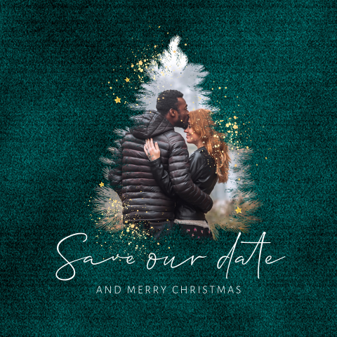 Stijlvolle Save the Date kerstkaart met kerstboom en foto