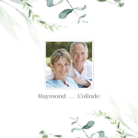 Botanische uitnodiging jubileum huwelijk met foto en eucalyptus