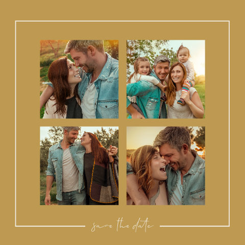 Rustige Save the Date kaart met vier foto's en kaderrandje