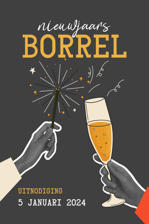 Borrel uitnodiging nieuwjaar met champagne en vuurwerk
