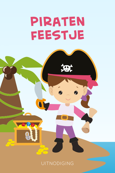 Kinderfeestje piratenfeest met piraat en schatkist op eiland