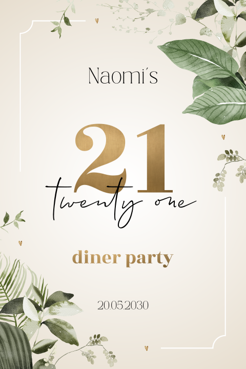 Uitnodiging 21 diner party met goudlook en botanische bladeren