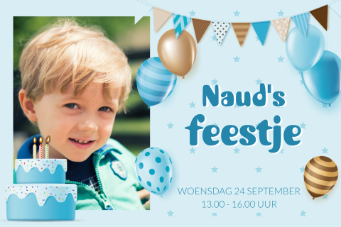 Kinderfeestje uitnodiging jongen met taart, ballonnen, slinger en eigen foto