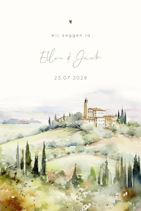 Mediterraanse trouwkaart met aquarel landschap Toscane