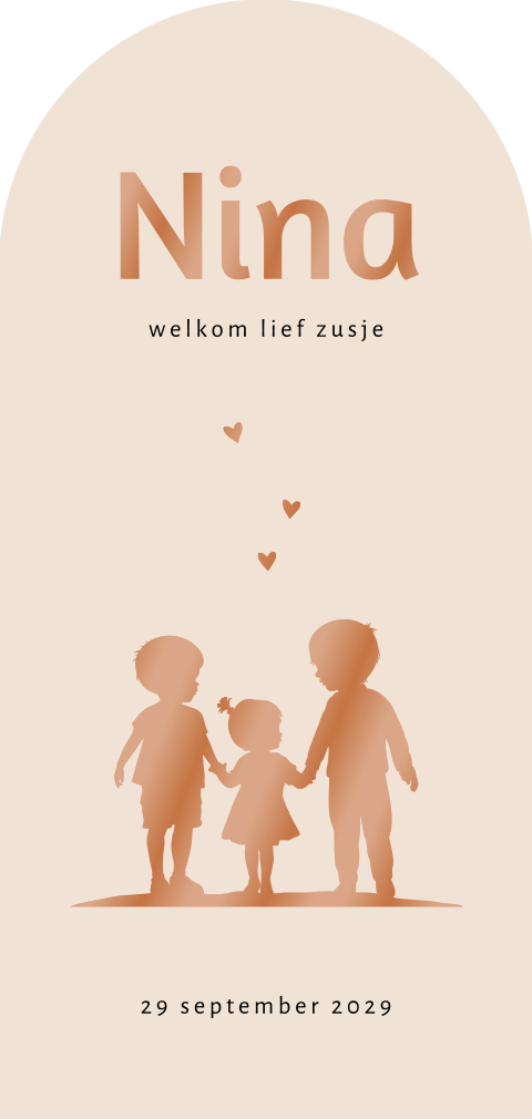 Silhouet geboortekaartje voor een zusje in boog vorm met hoogglans
